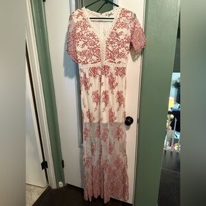 Vici Pink and White Lace Maxi Dress